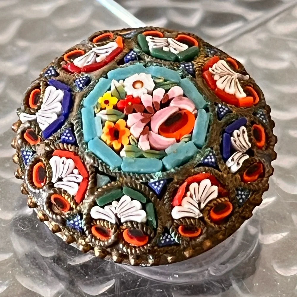 Antique Italian Micro Mosaic Floral Brooch Italy Romantic Victorian Style - Picture 8 of 11
